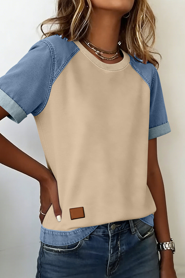 Parchment Denim Color Block Patchwork Round Neck Tee