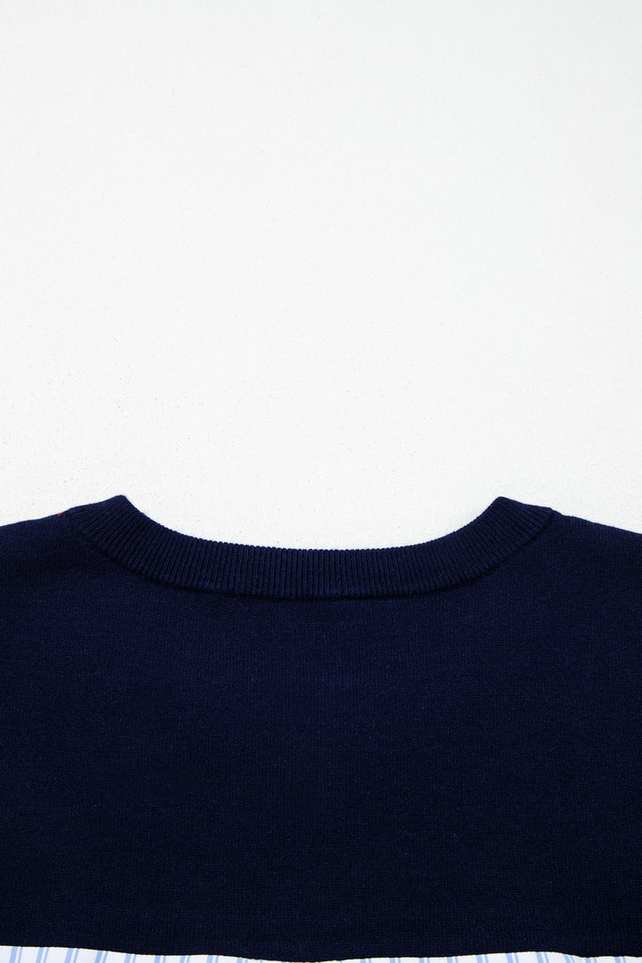 Navy Blue Drop Shoulder Long Sleeve Striped Pullover Sweater