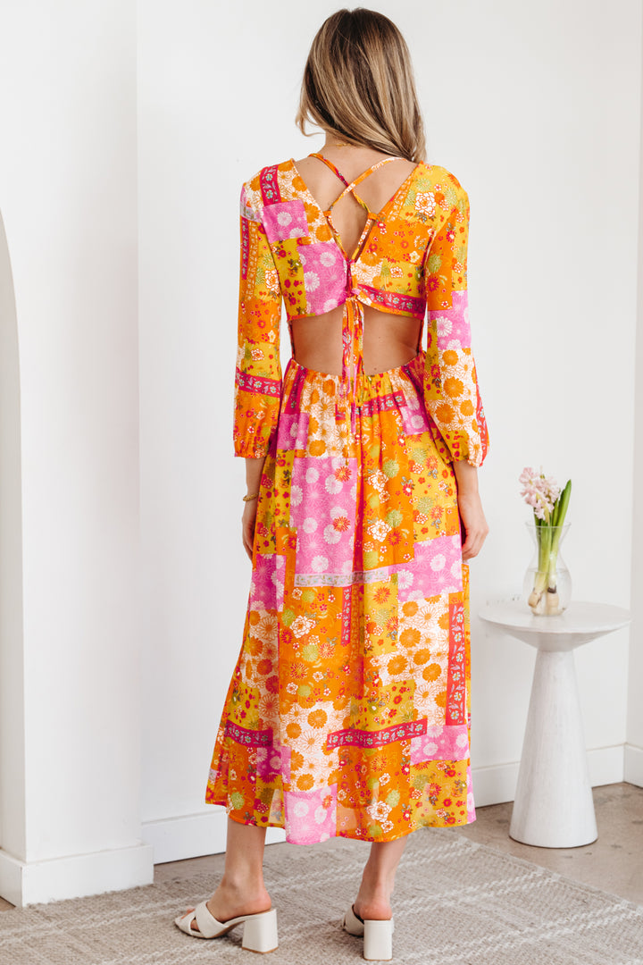 Orange Floral Print Cut out Tied Back Bracelet Sleeve Maxi Dress