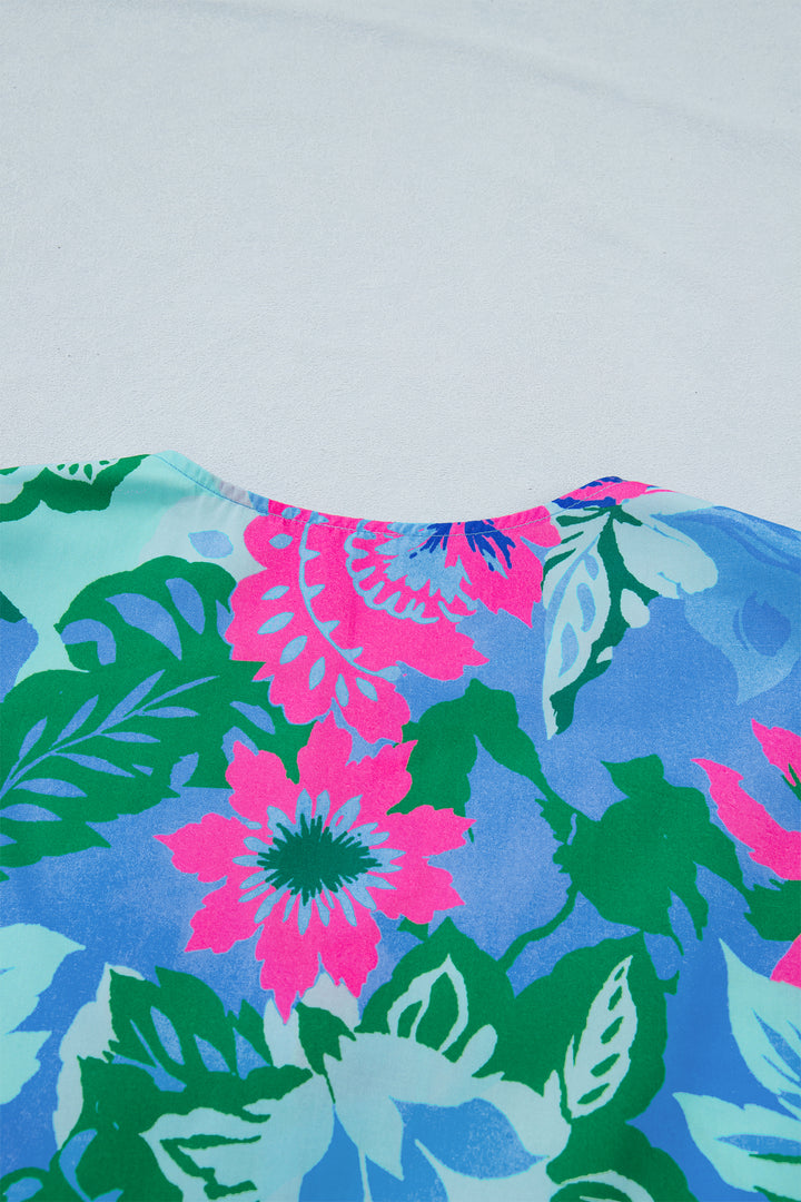Sky Blue Floral Print V Neck Half Sleeve Blouse