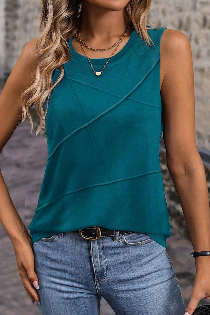 Blue Sapphire Solid Color Stitching Detail Round Neck Tank Top