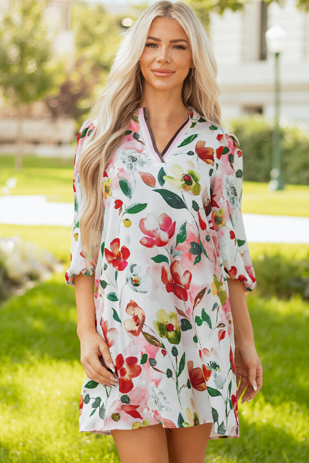 Floral Contrast Striped V Neck Puff Half Sleeve Shift Dress