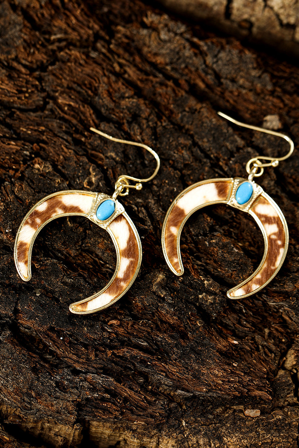 Cow Print Turquoise Inlay Crescent Shaped Dangle Earrings