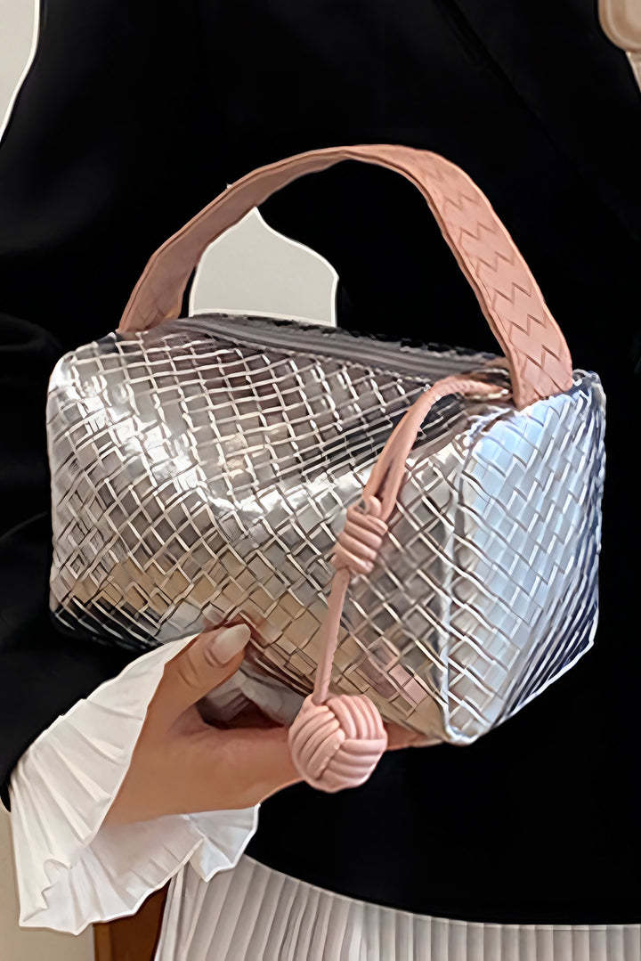 Lattice Texture Corded Ball Decor Weaven Handle Cosmetic Bag