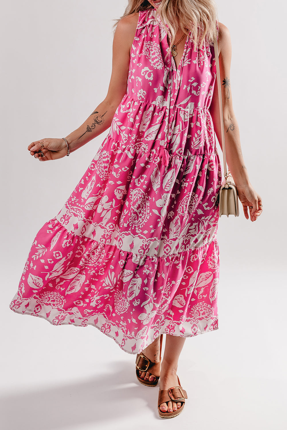 Floral Sleeveless Tasseled Lace-up Neck Tiered Midi Dress