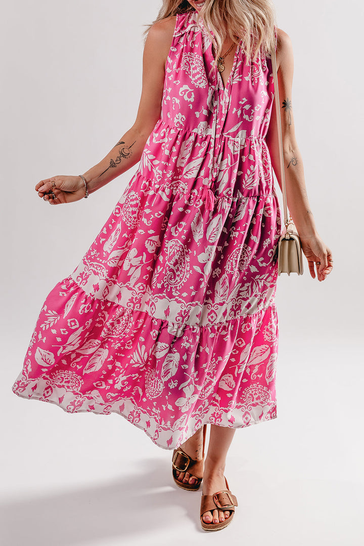 Floral Sleeveless Tasseled Lace-up Neck Tiered Midi Dress