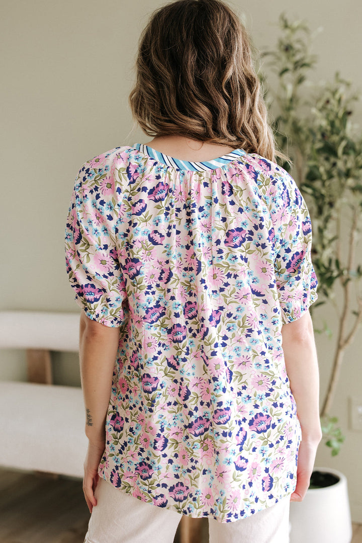 Bohemian Floral V Neck Loose Half Sleeve Blouse