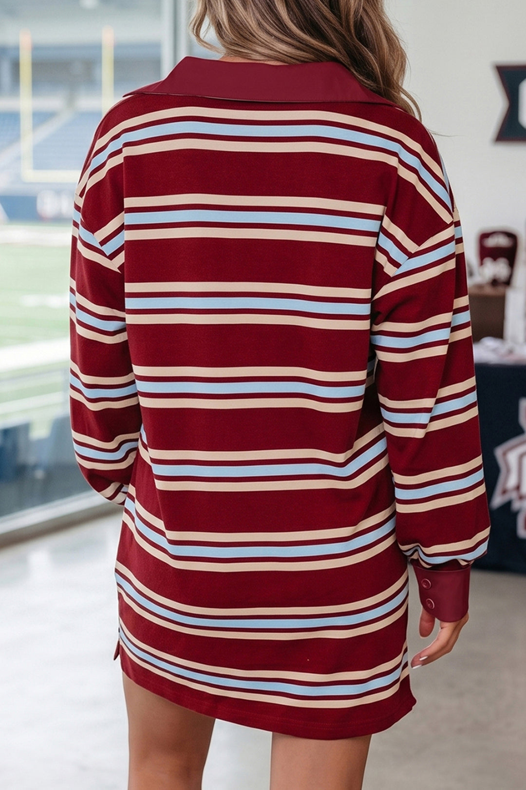 Casual Red Stripe Retro Polo Collar Long Sleeve T Shirt Shift Mini Dress