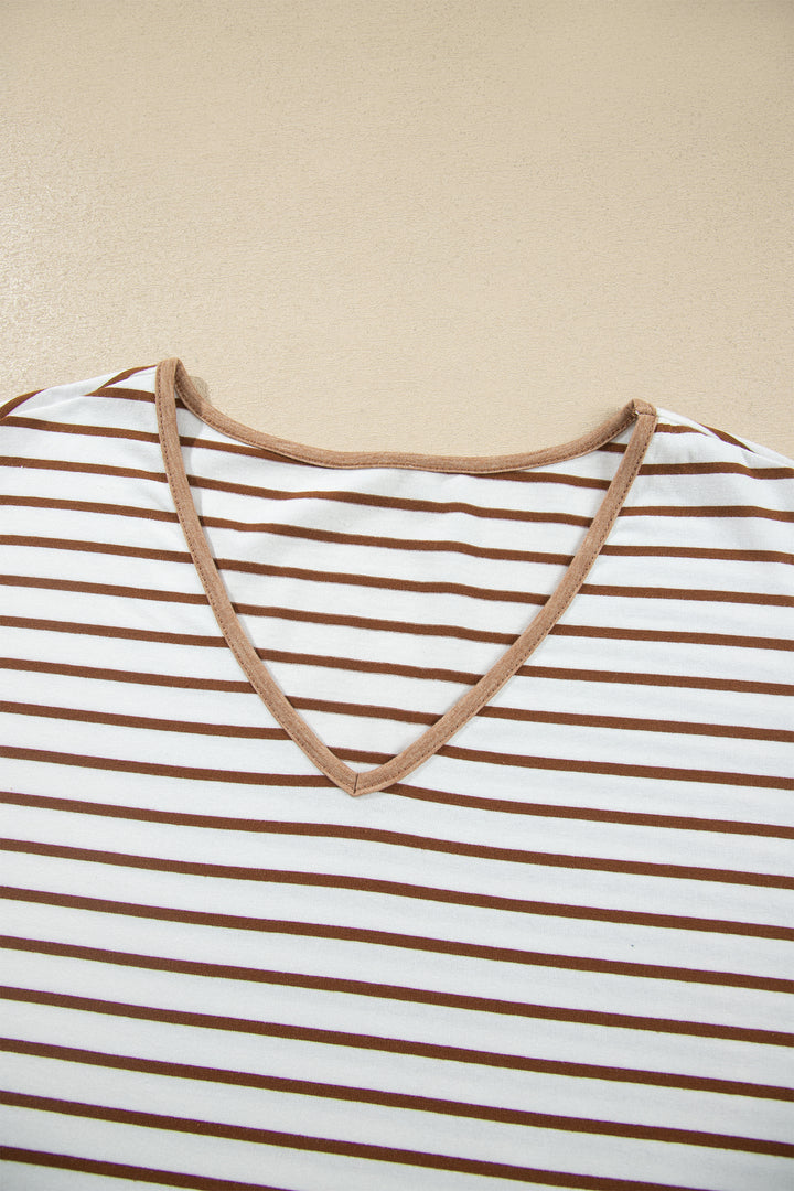 Khaki Stripe V Neck Ruffle Contrast Sleeve Top Drawstring Pants 2pcs Set
