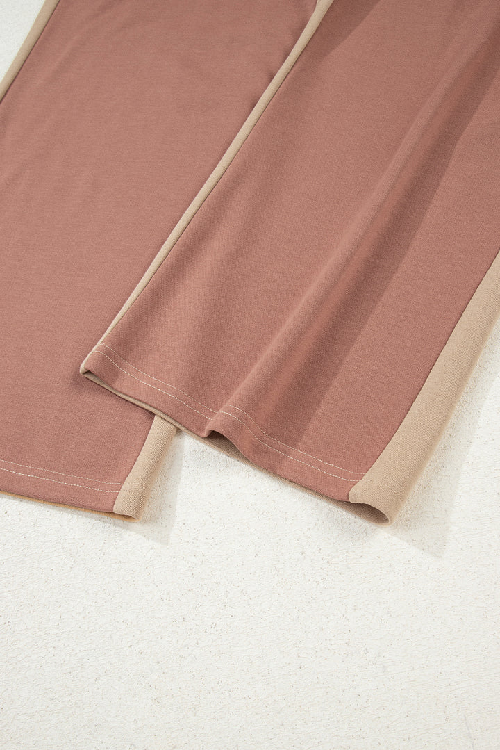 Khaki Color Block Long Sleeve Crop Top Drawstring Pant Set