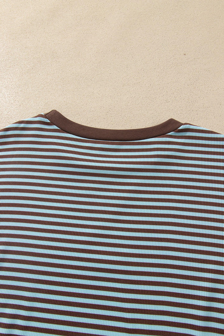 Brown Stripe Drop Shoulder Loose Top and Pants Two Piece Set