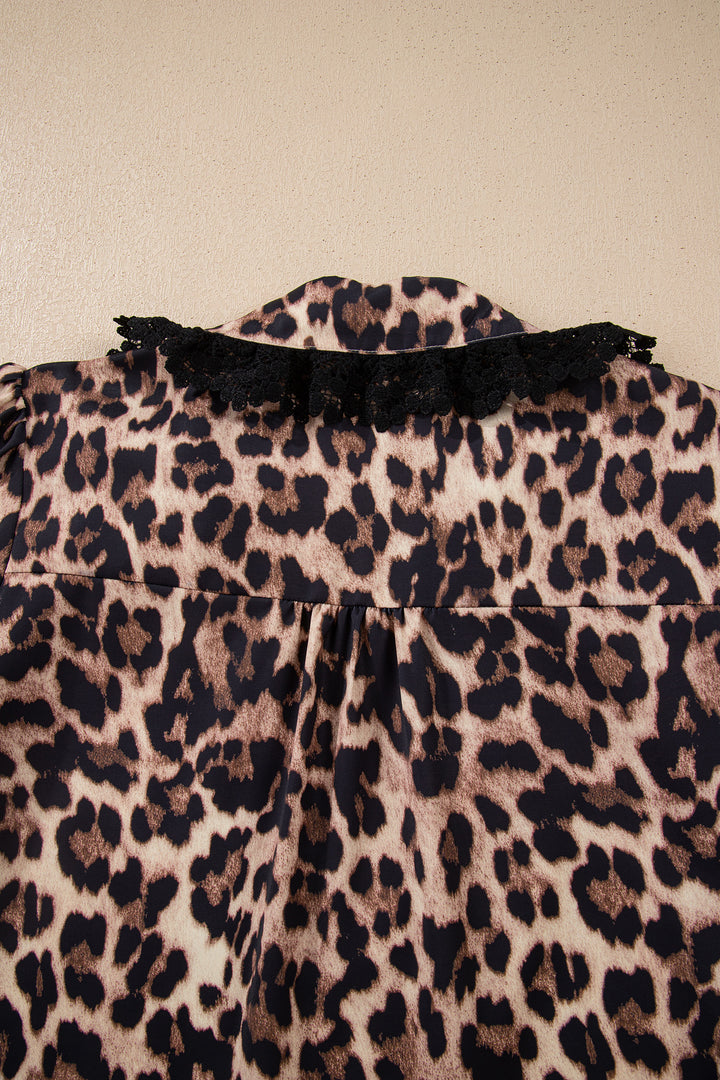 Leopard Print Button Down Lace Trim Short Sleeve Shirt