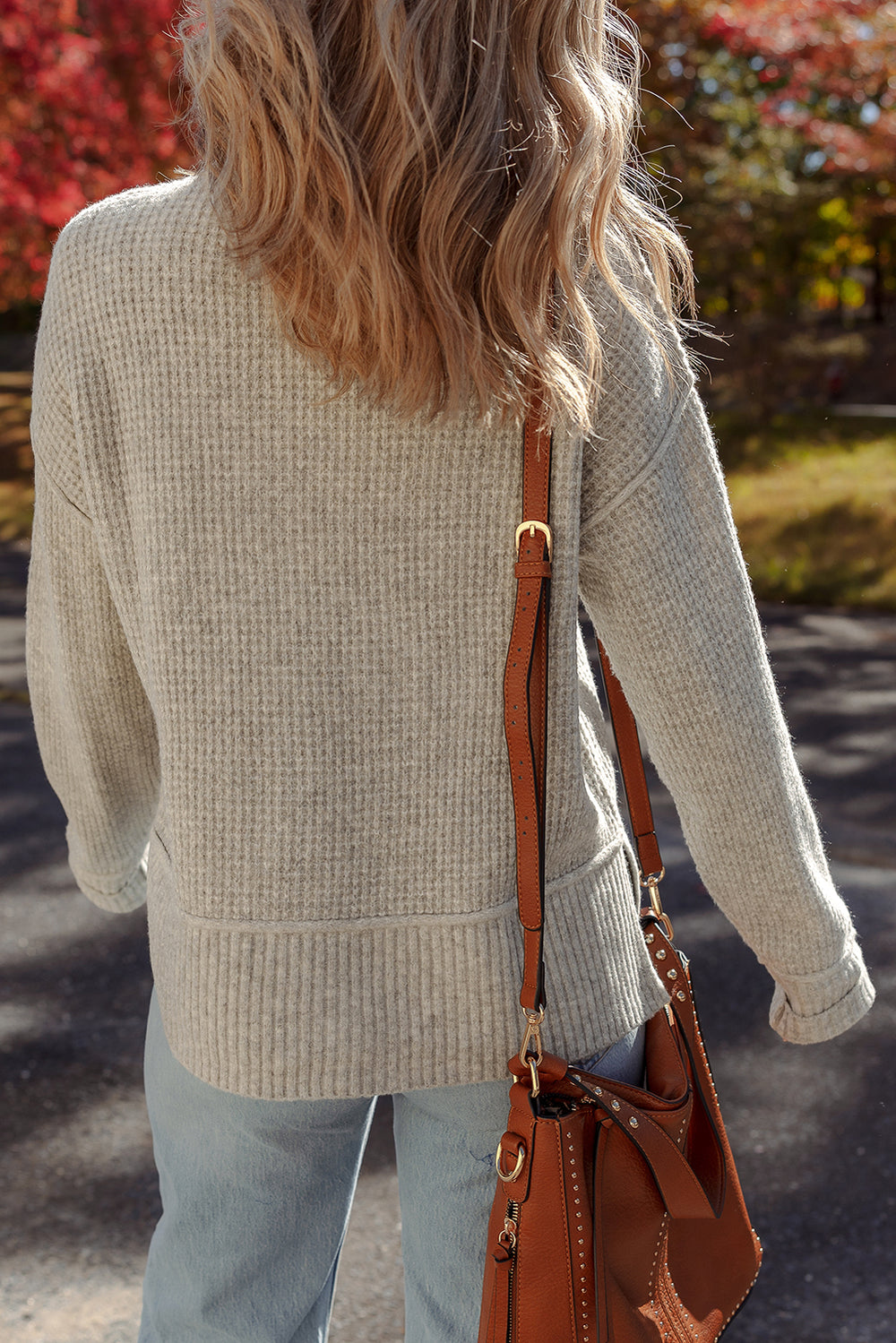 Waffle Texture Knit Ribbed High Neck Drop Shoulder Sweater