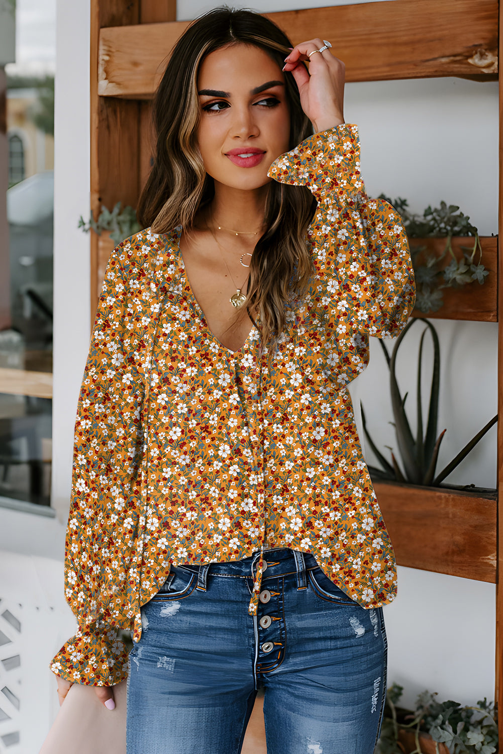 Boho Floral Ruffled Bubble Sleeve V Neck Fall Blouse