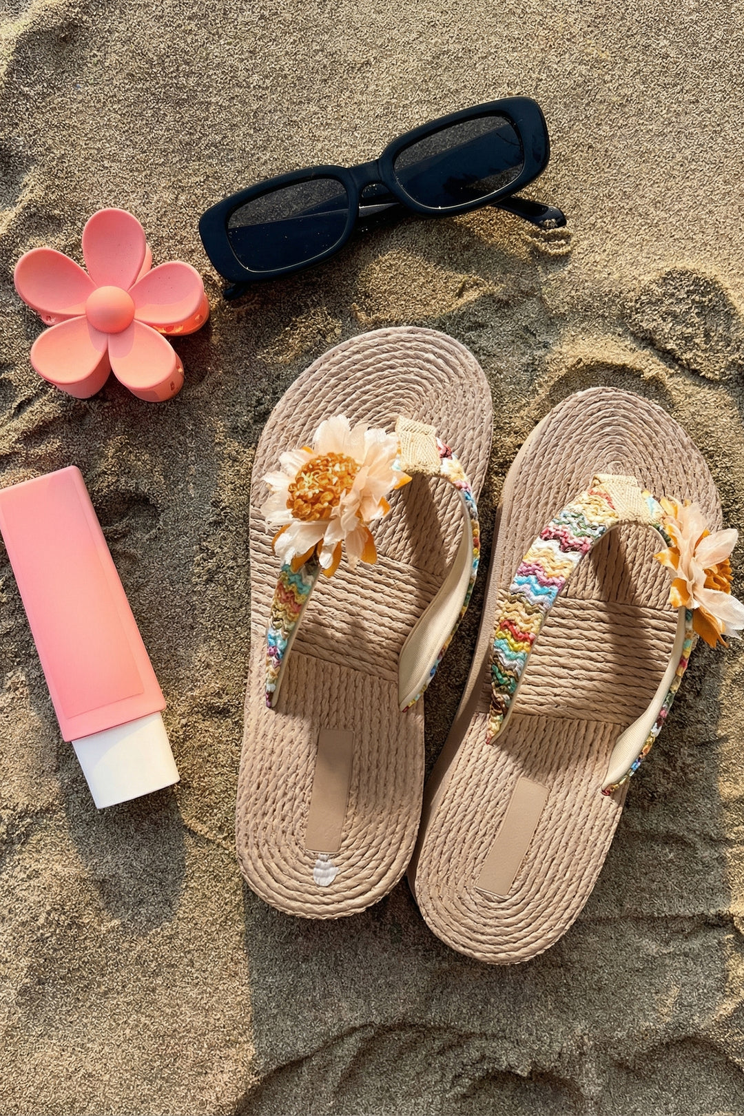 Vacation Floral Decor Straw Woven Textured Wedge Platform Slippers