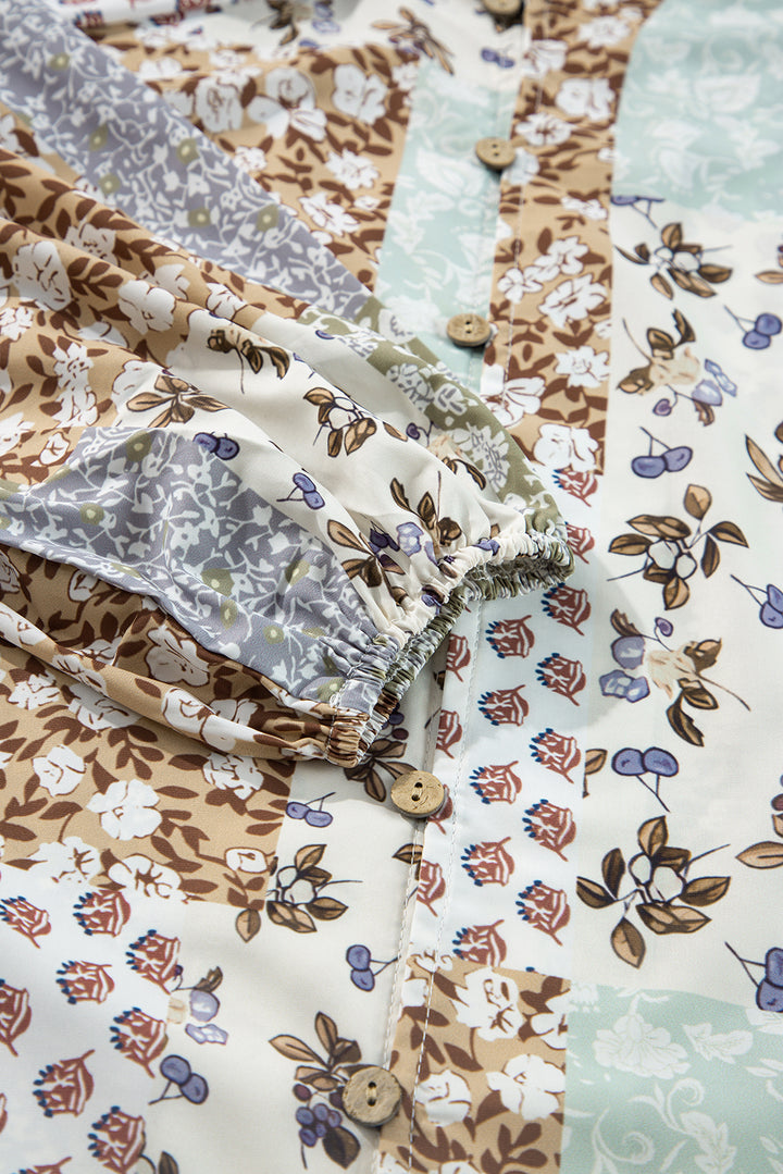 Floral Patchwork Print Long Puff Sleeve Shirt
