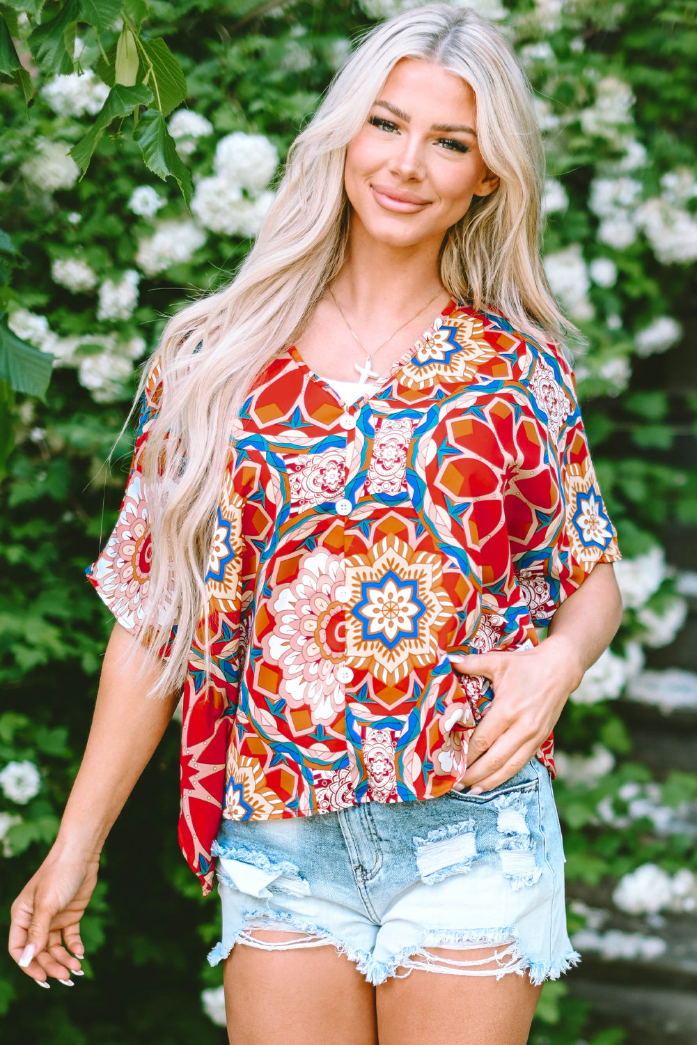 Floral Print Batwing Sleeve V Neck Blouse