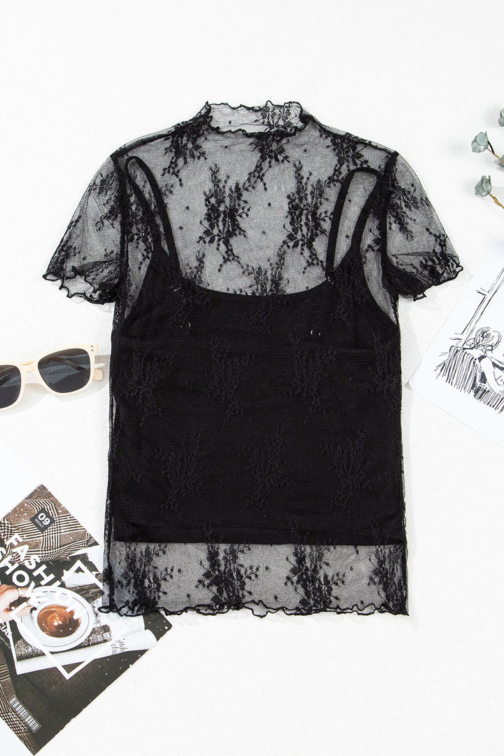 Floral Sheer Mesh Short Sleeve Mock Neck Blouse