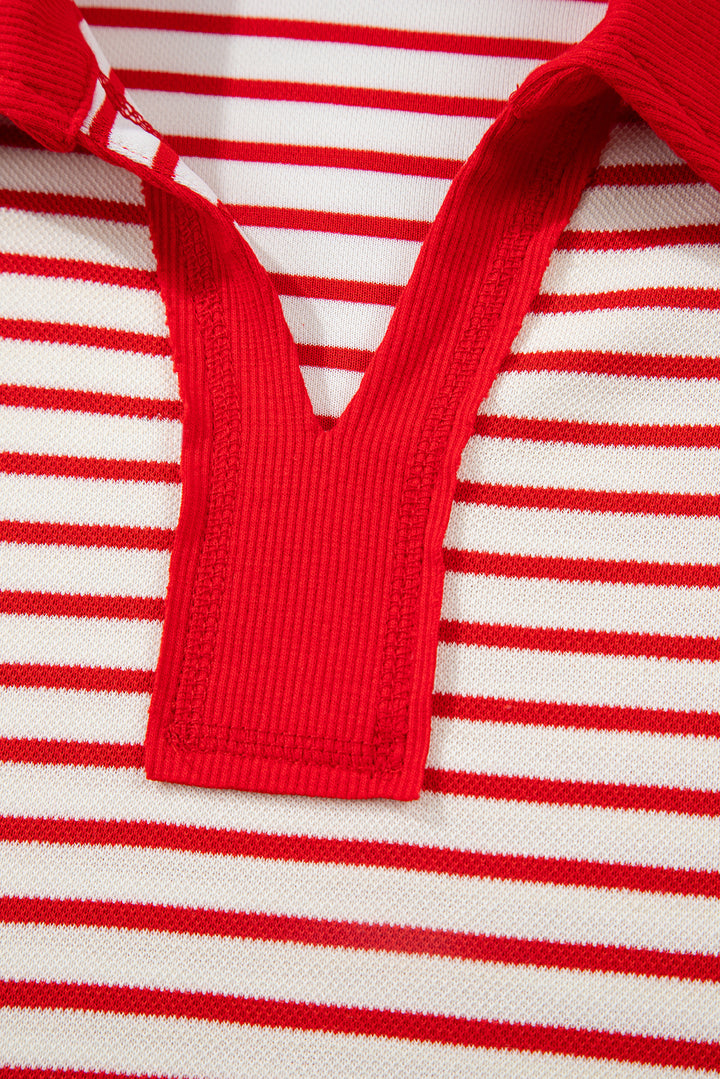 Red Stripe Collared V Neck Pullover and Skort 2pcs Outfit