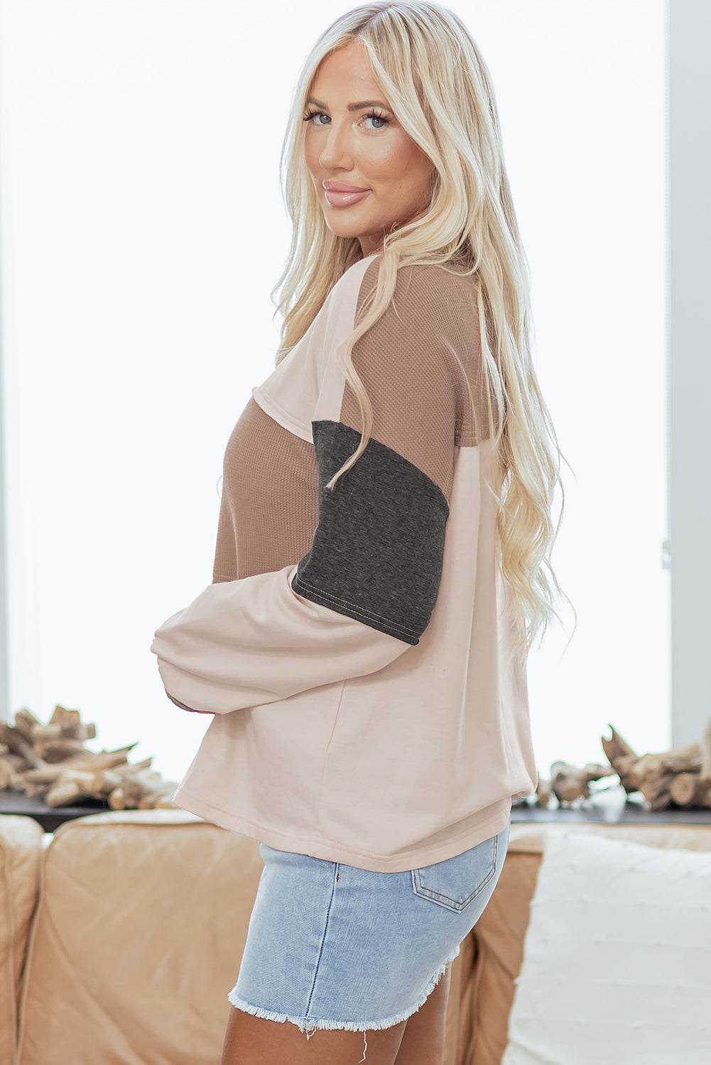 Jet Stream Color Block Waffled Patchwork Loose Henley Top