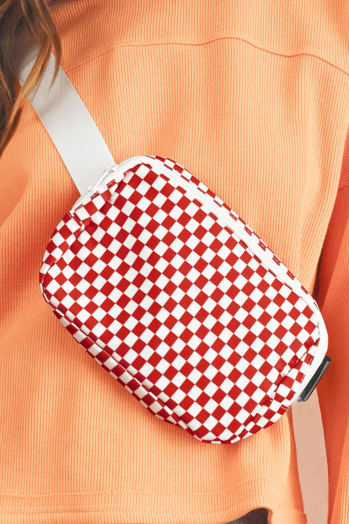 Checkered Print Zipped Buckle Strap Crossbody Bag