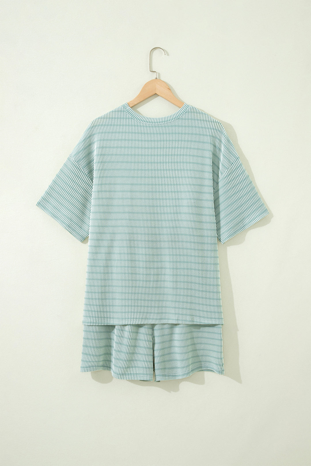Green Stripe Raised Rib Loose Tee Drawstring Elastic Waist 2pcs Short Set