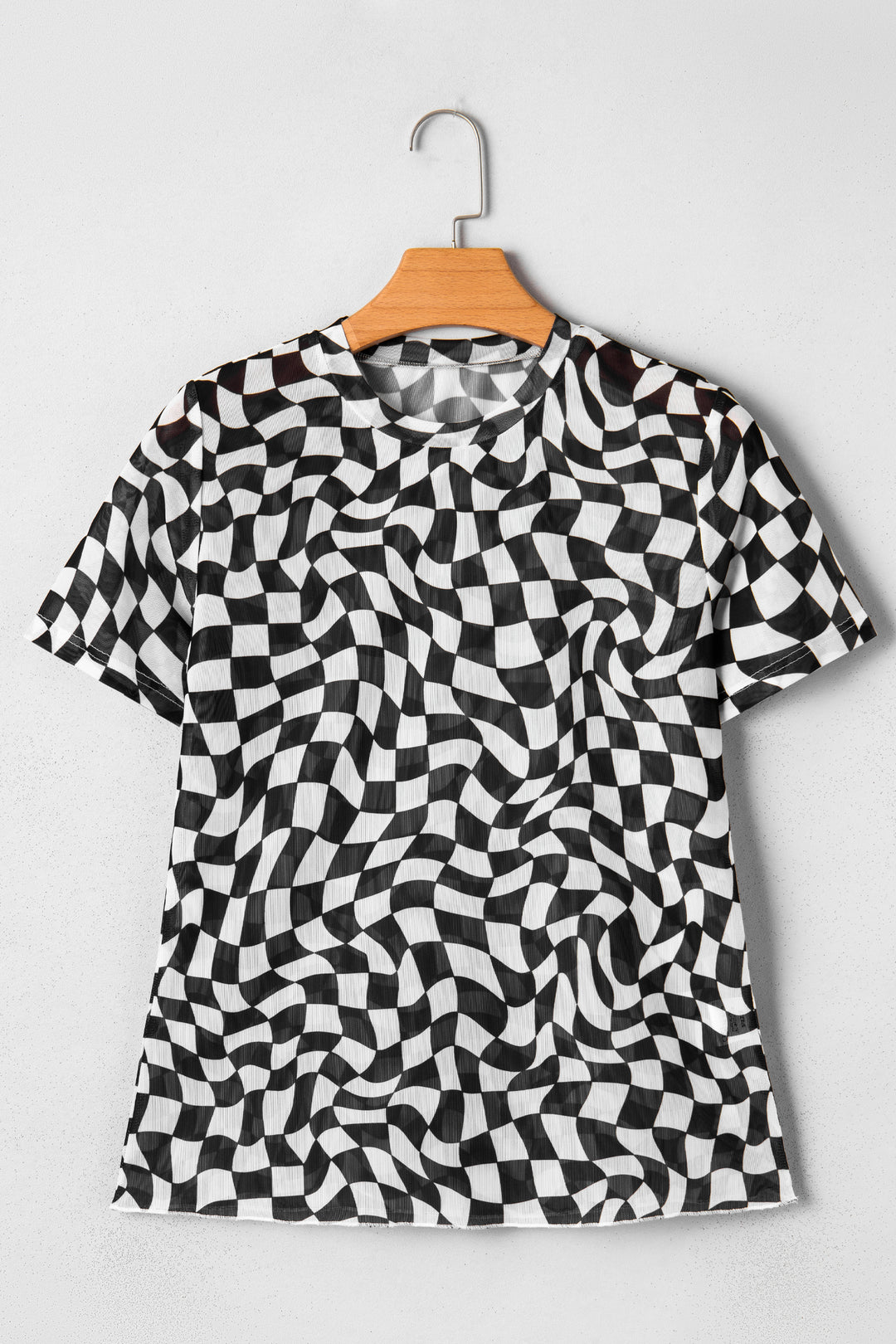 Black Checkered Print Crew Neck Mesh Short Sleeve T Shirt