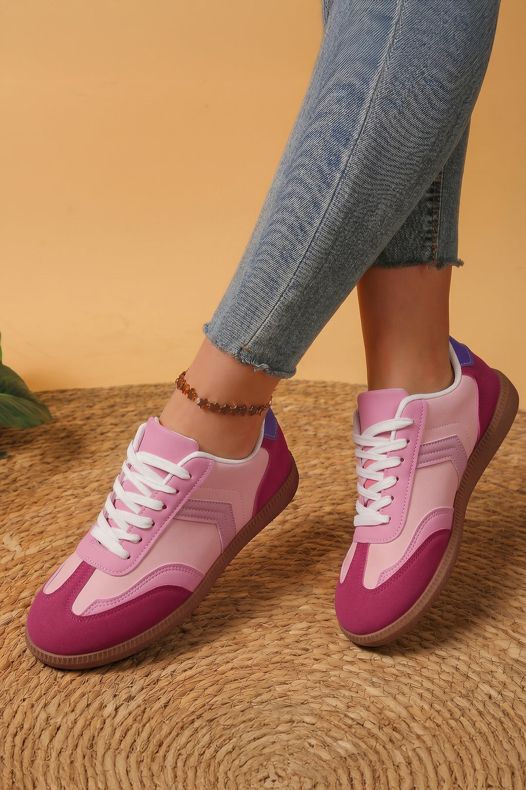 Pink Color Block PU Leather Lace-Up Rubber Sole Flat Shoes