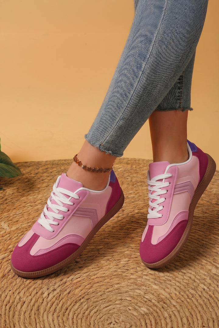 Pink Color Block PU Leather Lace-Up Rubber Sole Flat Shoes