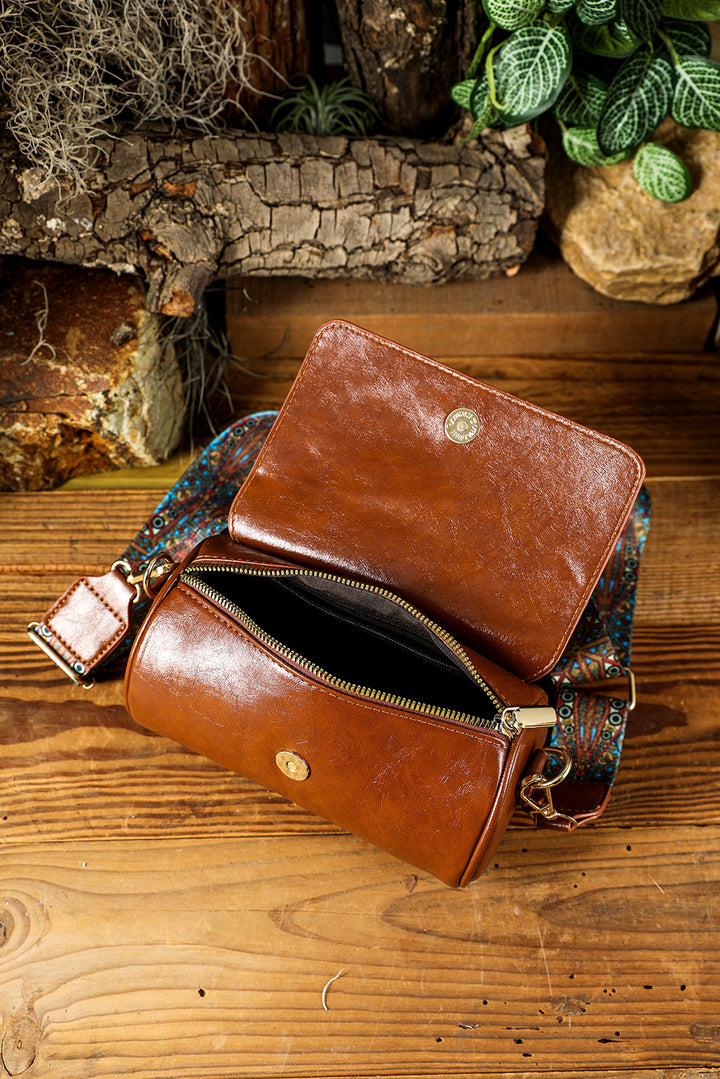 PU Leather Flap Shoulder Bag with Retro Print Wide Strap