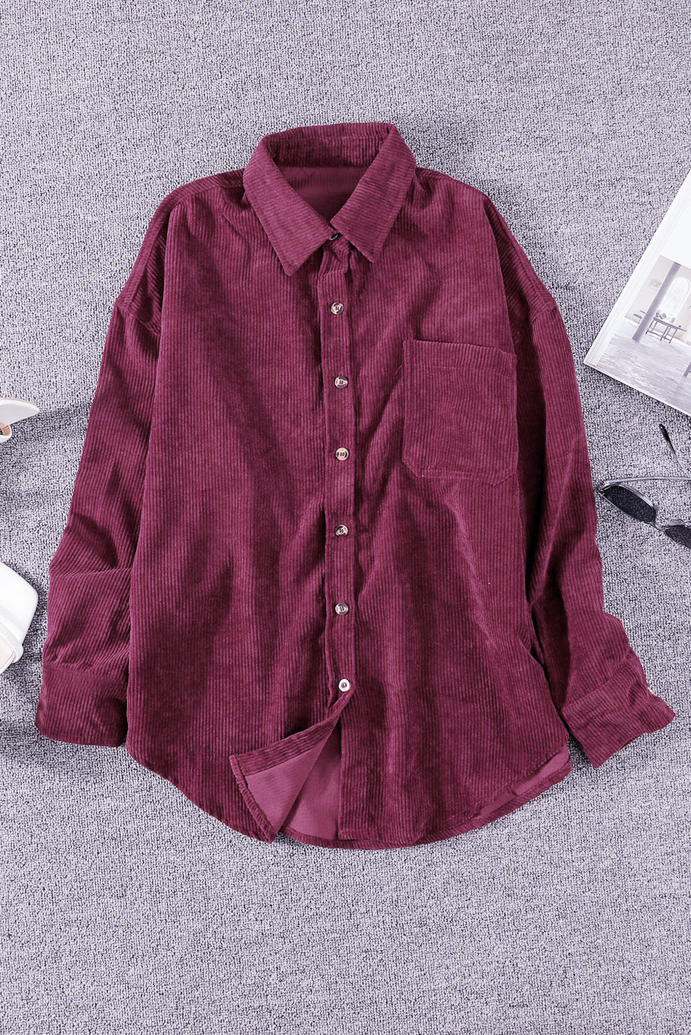 Wine Fiery Red Corduroy Button Pocket Shirt