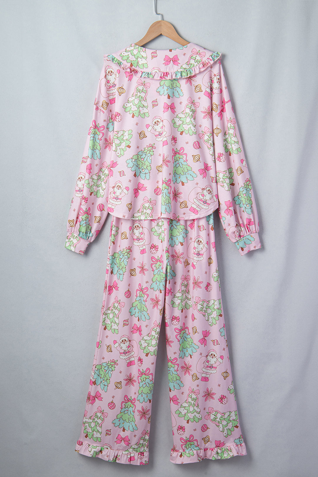 Pink Christmas Print Button Front Long Sleeve Lounge Set
