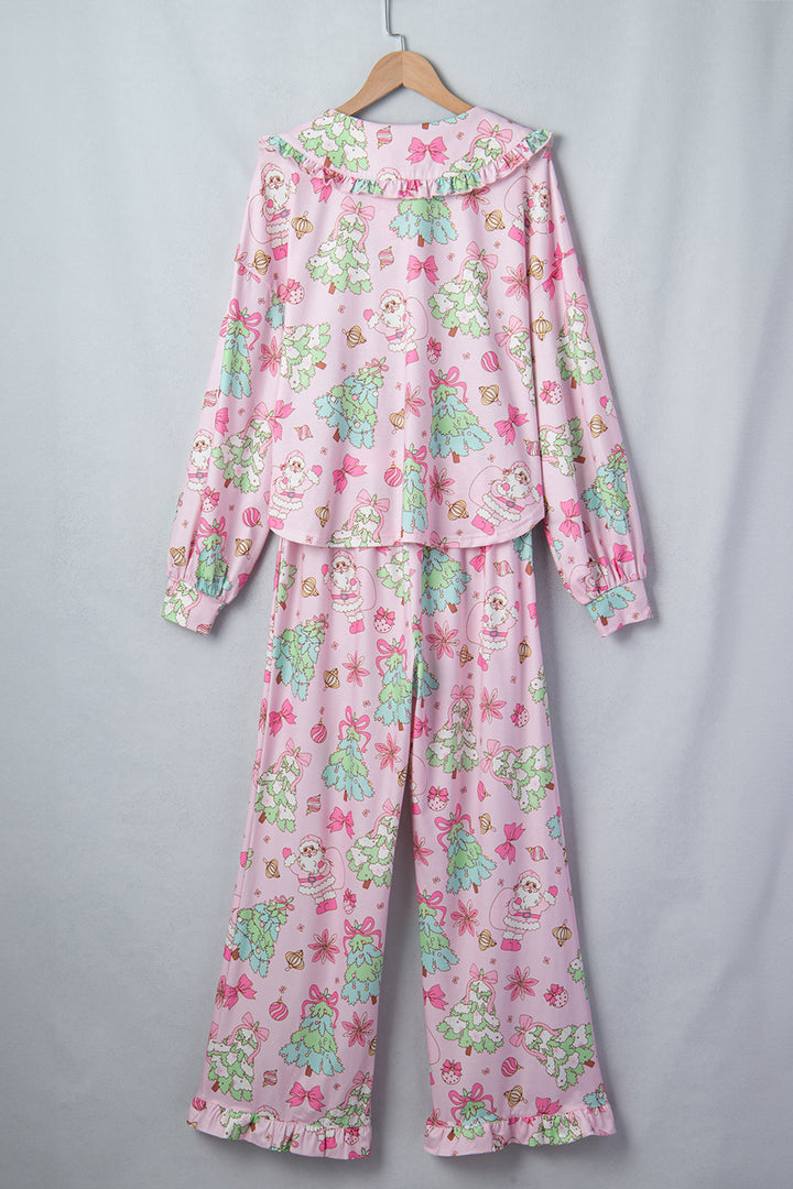 Pink Christmas Print Button Front Long Sleeve Lounge Set