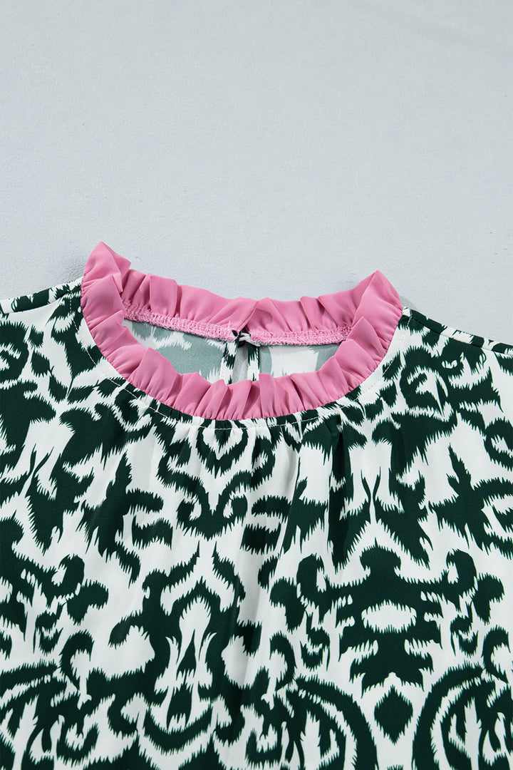 Green Damask Print Ruffled Color Block Detail Half Sleeve Blouse