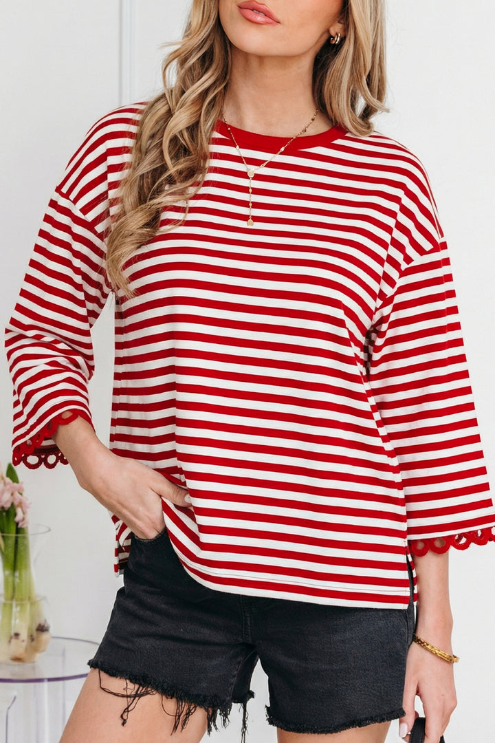 Racing Red Striped Print Drop Shoulder Lace Trim Bracelet Sleeve Loose Top
