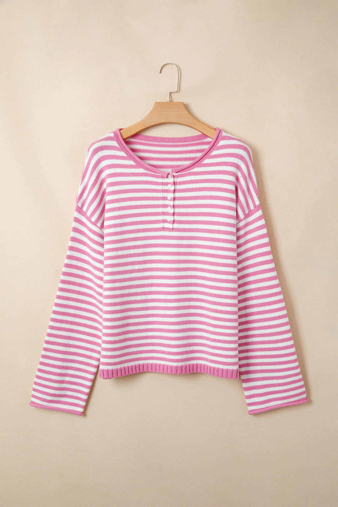 Pink Stripe Striped Button Placket Drop Shoulder Long Sleeve Sweater