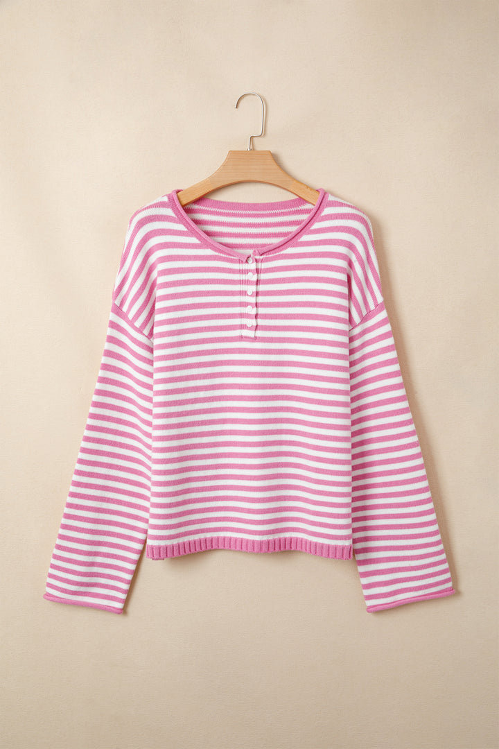 Pink Stripe Striped Button Placket Drop Shoulder Long Sleeve Sweater