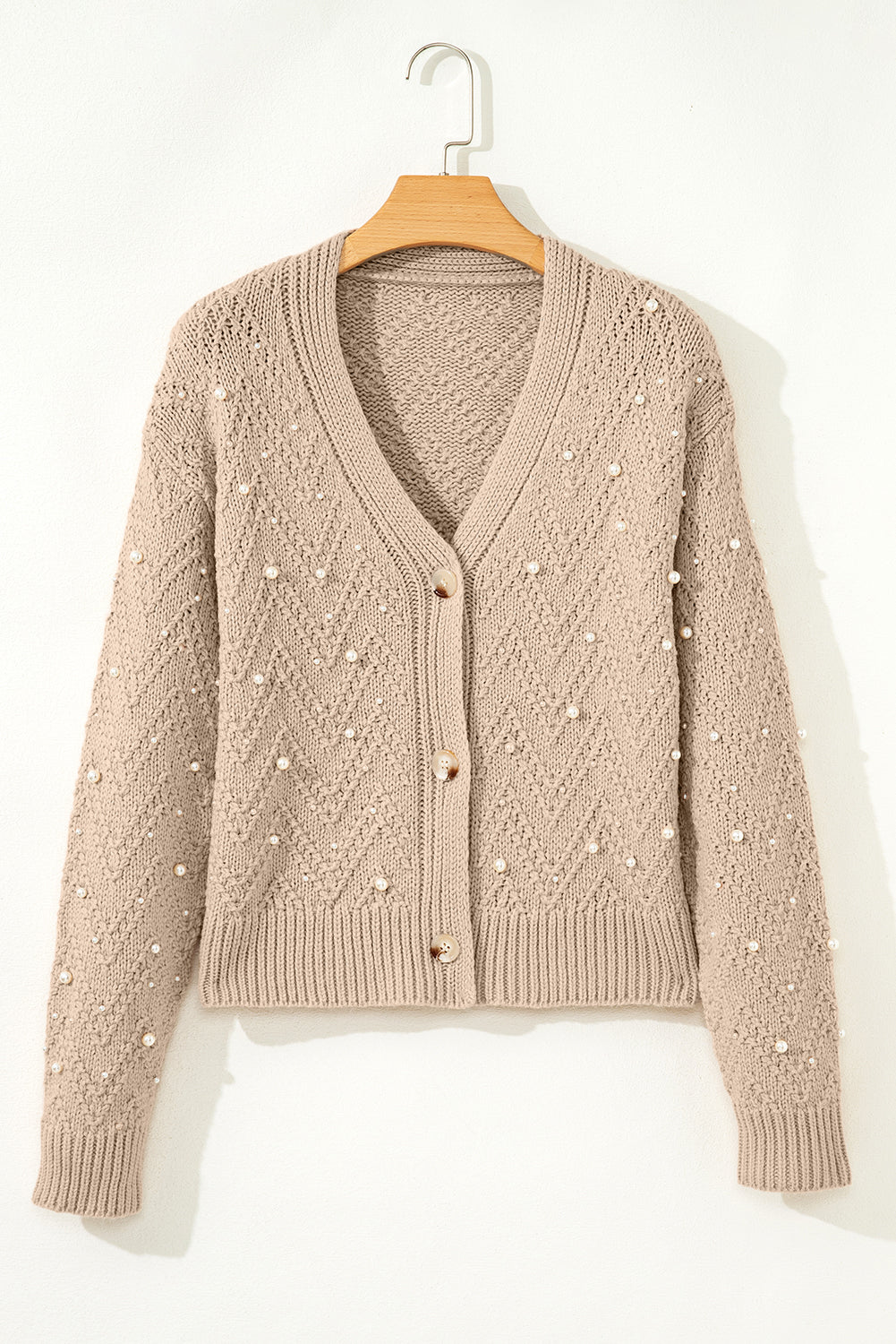 Smoke Gray Pearl Embellished Button Front Sweater Cardigan