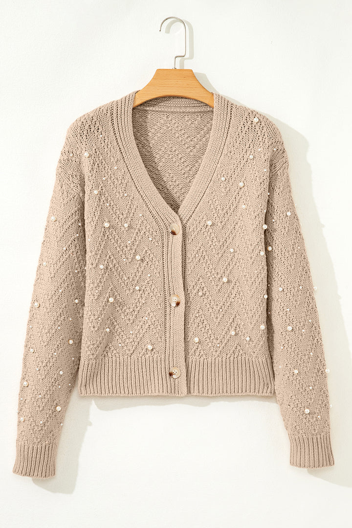 Smoke Gray Pearl Embellished Button Front Sweater Cardigan
