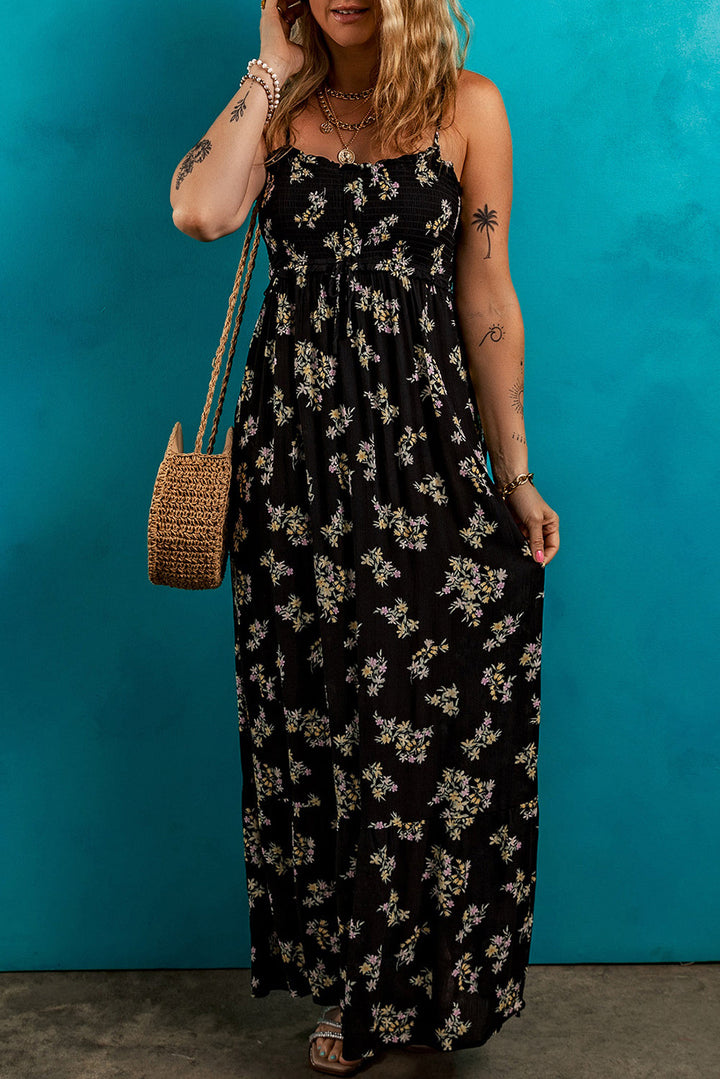 floral spaghetti strap shirred bodice tied empire waist maxi dress