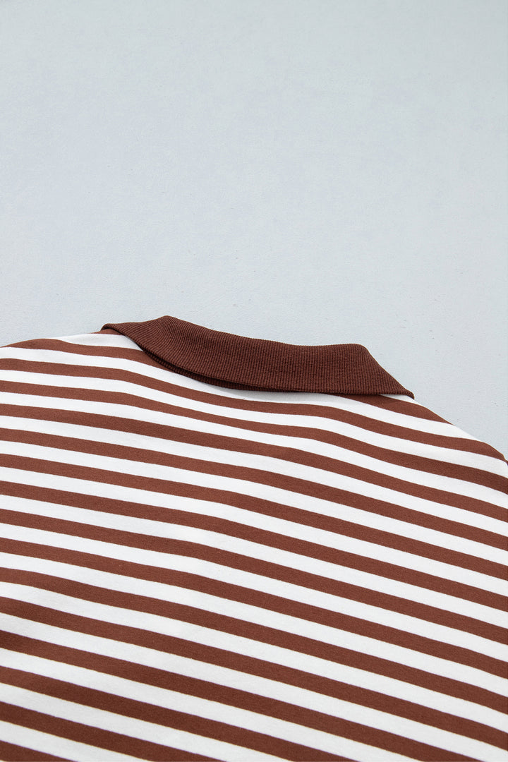 Brown Stripe Color Block Trim Raw Seam Split Hem Loose Pullover Sweatshirt