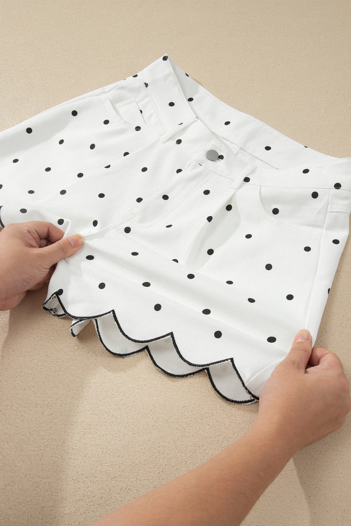 White Polka Dot Print Embroidered Scallop Hem Shorts