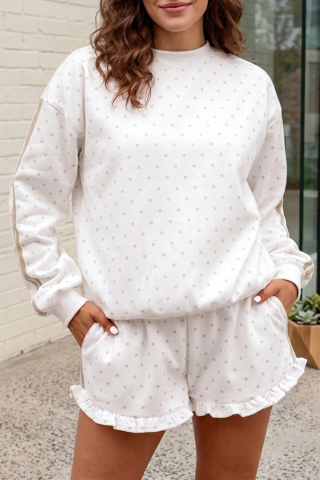White Polka Dot Print Side Stripe Casual Sweatshirt 2pcs Short Set