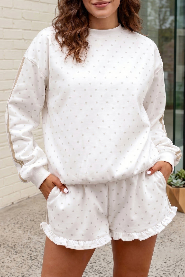 White Polka Dot Print Side Stripe Casual Sweatshirt 2pcs Short Set