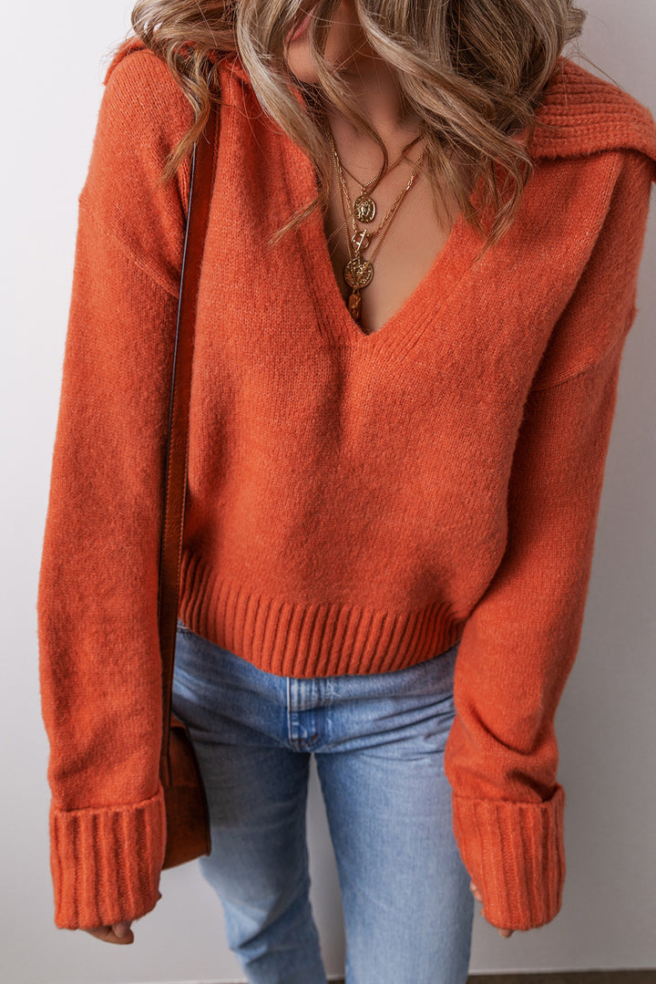 Collared V Neck Ribbed Edge Sexy Elegant Sweater
