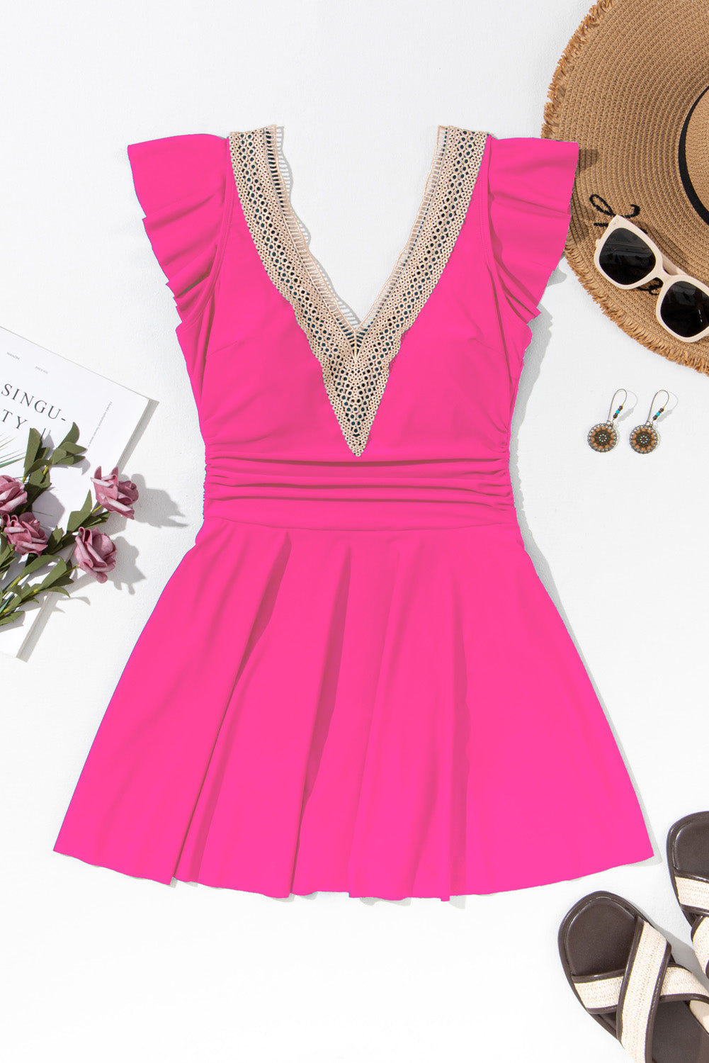 Rose Red Ruffled Short Sleeve Lace Trim V Neck One Piece Swim Dress
