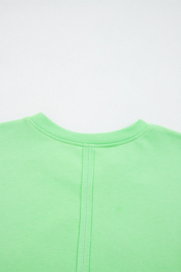 Bright Green Crab Embroidered Patch Loose Round Neck Tee
