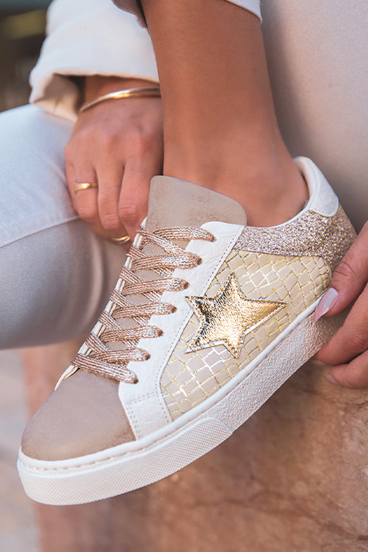 Schnür-Sneakers aus PU-Leder mit Glitzerstern-Patchwork 
