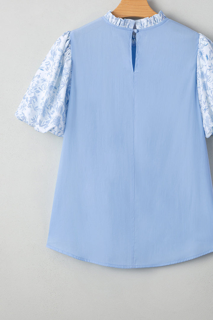 lace insert floral puff sleeve patchwork loose blouse