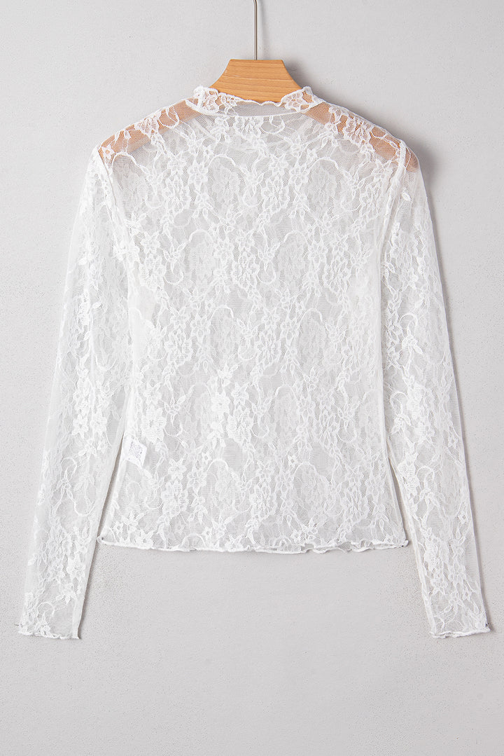 Sheer Lace Mesh Mock Neck Slim Fit Long Sleeve Top